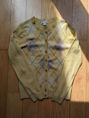 New York & Company Mustard Yellow and Gray Argyle Button Cardigan